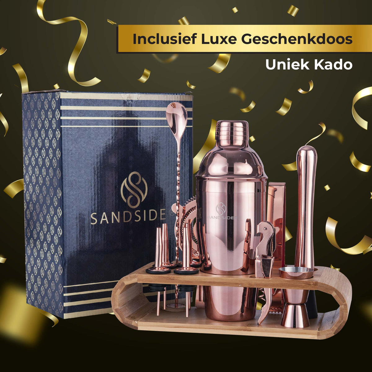 Cocktail Set Premium 12-Delig Met Bamboe Standaard –  Luxe Giftbox